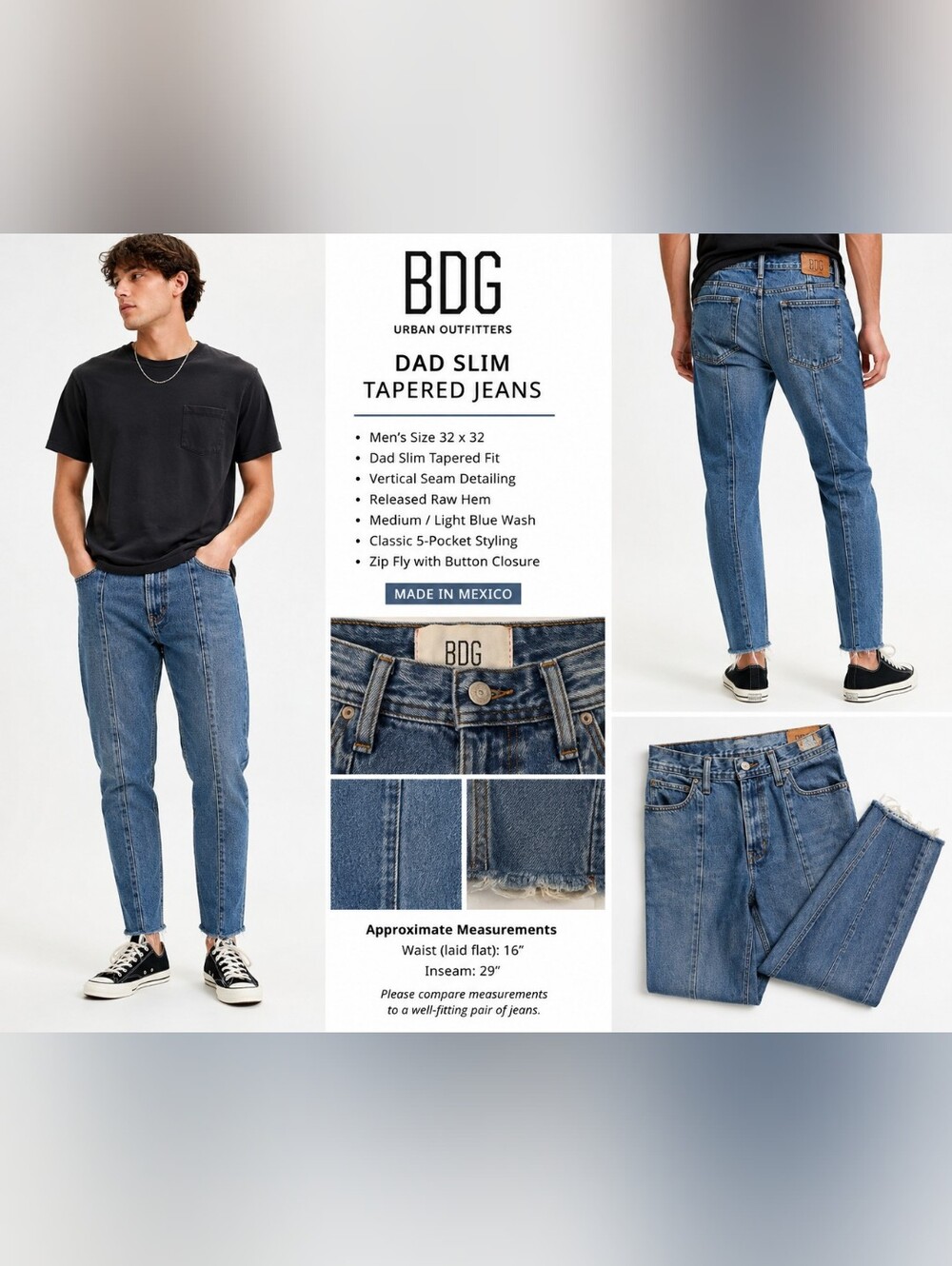 BDG Urban Outfitters Dad Slim Tapered Jeans 32x32 Raw Hem Seamed Denim